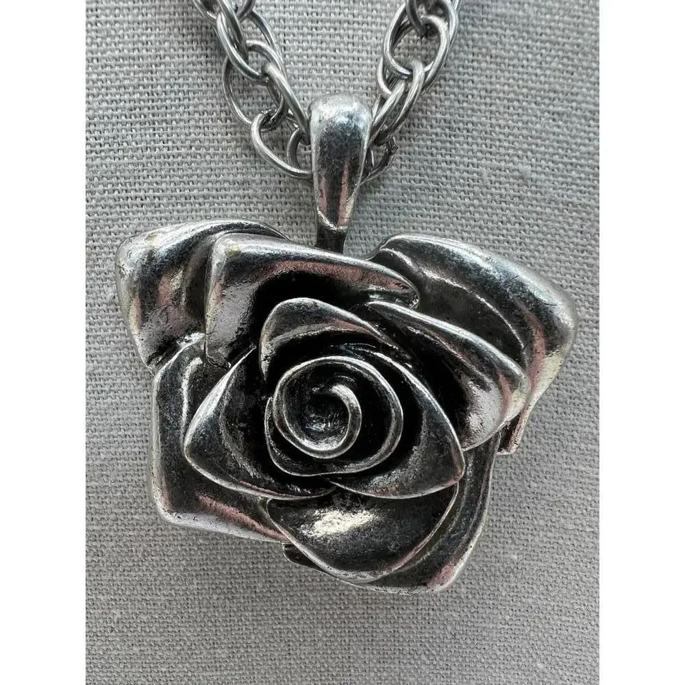 Silver Tone Rose Pendant Necklace - Picture 3 of 8